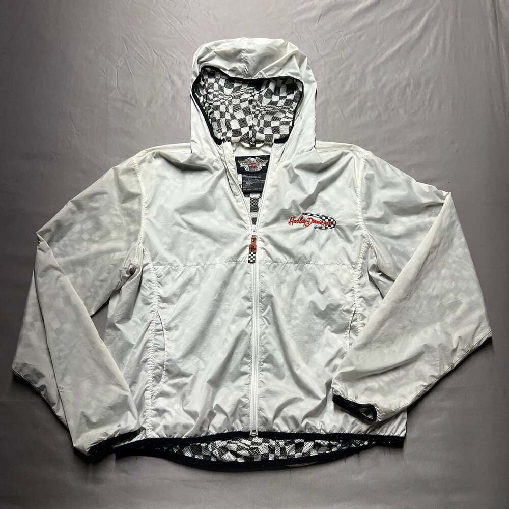 Harley Davidson Womens Lightweight Windbreaker Jacket White checkerd flag
